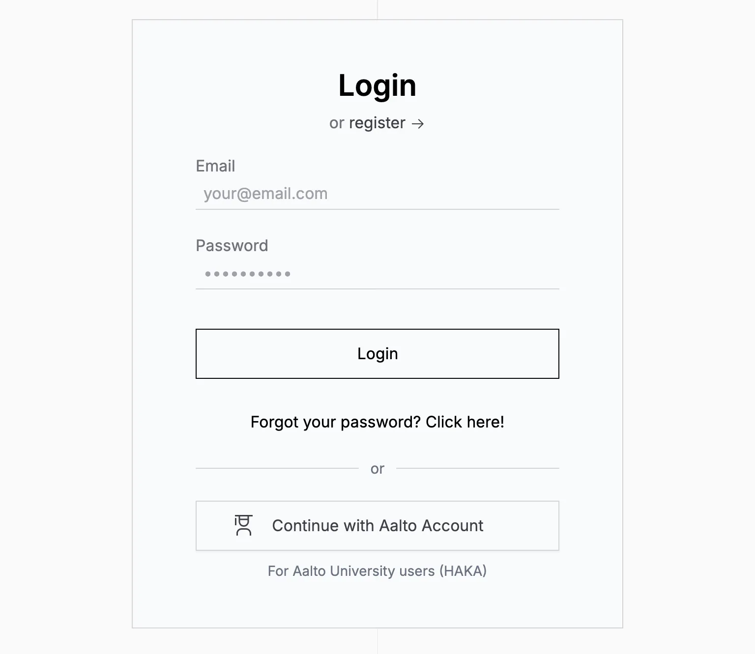 Fig 3. -- The OpenCS login page with email and password fields and a Continue with Aalto Account button.