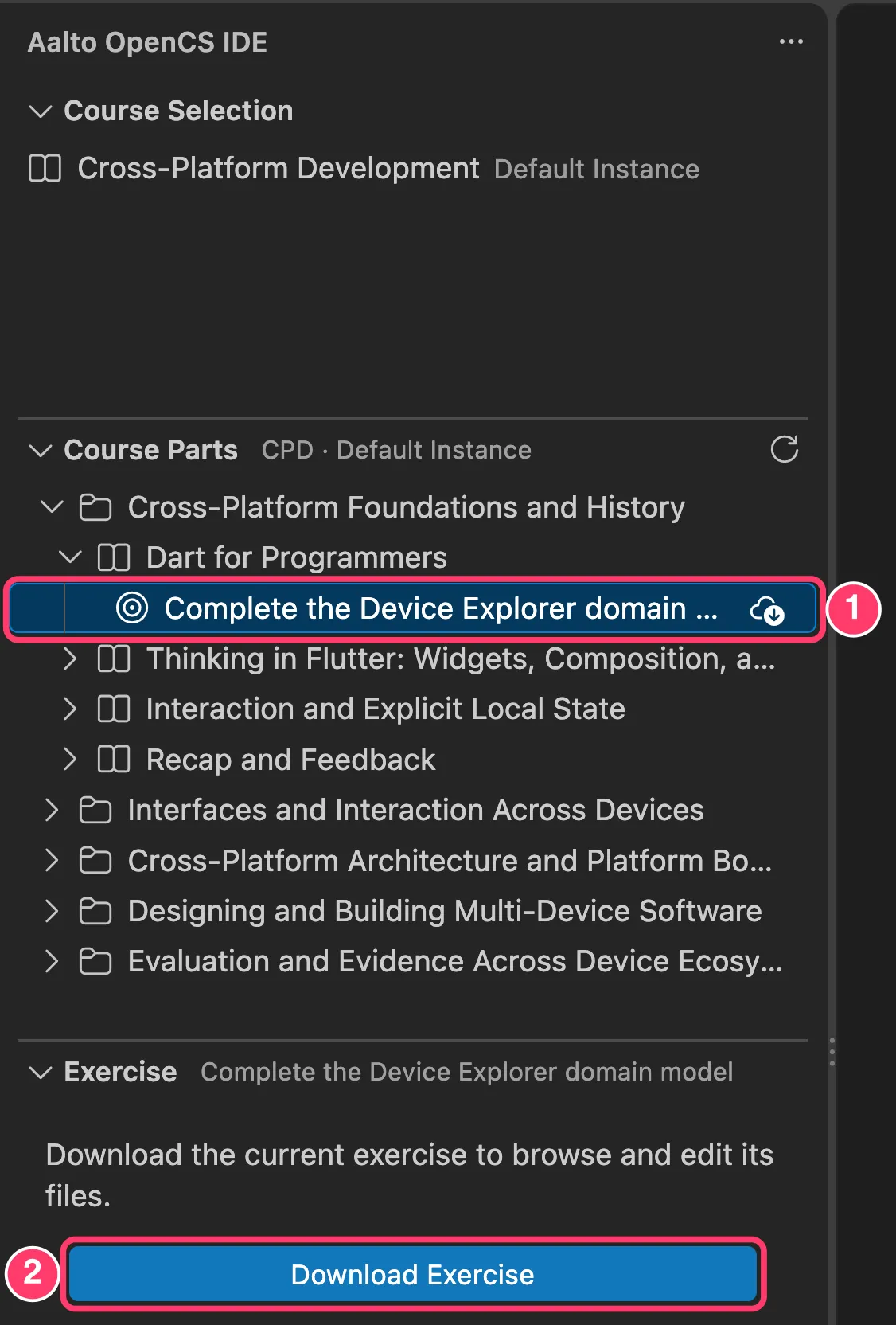 Fig 8. -- The Course Parts view. An exercise is selected and marked with 1, and the Download Exercise button in the Exercise view is marked with 2.