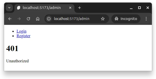Fig 3. A user who is not logged in visits the page at path /admin. The page shows a 401 Unauthorized error.
