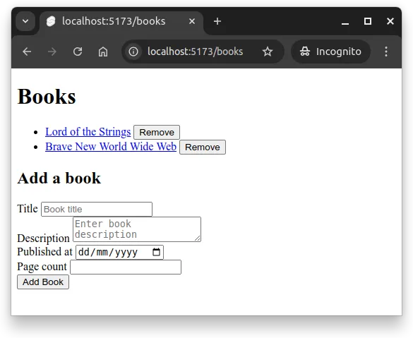 Fig 1 - A list of books and a form for adding books.