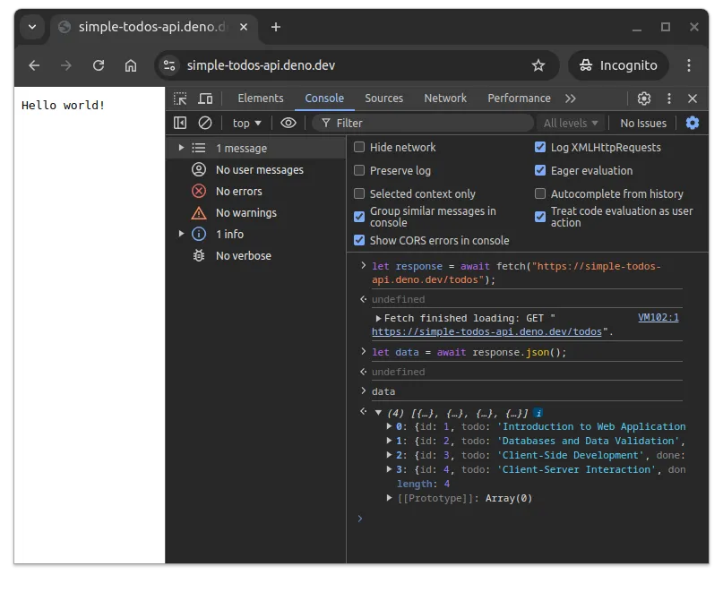 Fig 2. -- Browser developer console opened. Three commands have been written to the console, and the content of the variable data is shown.