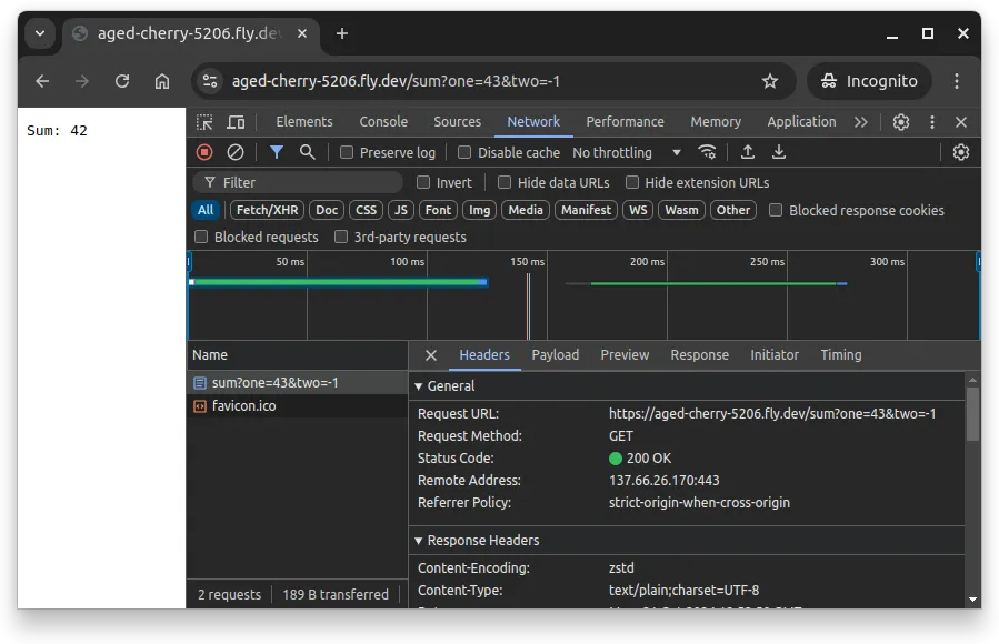 Fig 3. -- Chrome developer console showing the network tab when visiting the address "https://aged-cherry-5206.fly.dev/sum?one=43&two=-1".