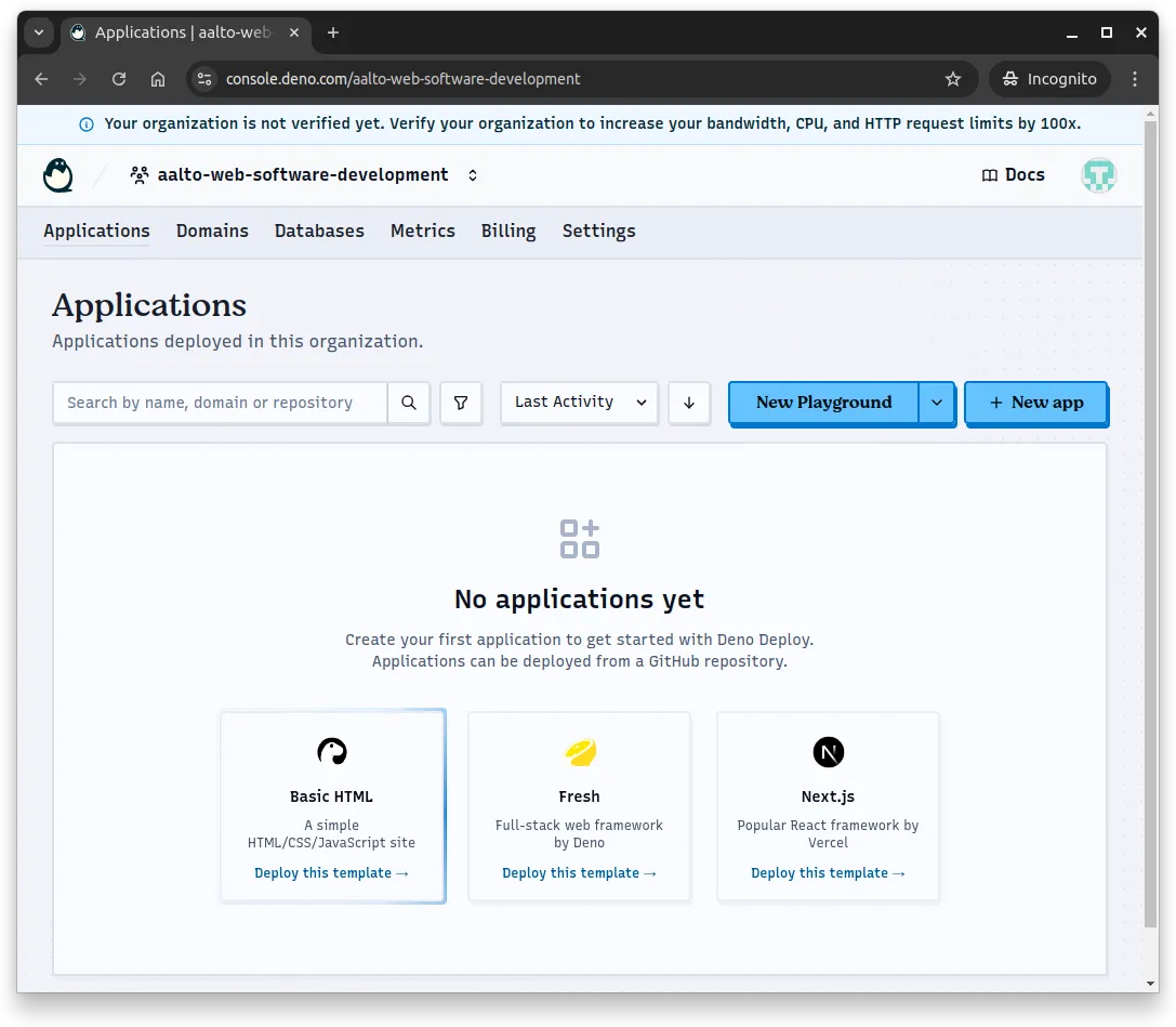 Fig 1. A new organization in Deno Deploy dashboard. There are no applications yet.