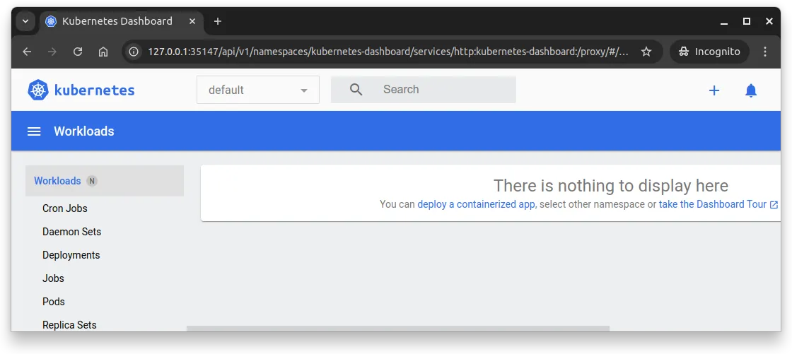 Fig. 1 - Minikube dashboard has been opened in the browser.
