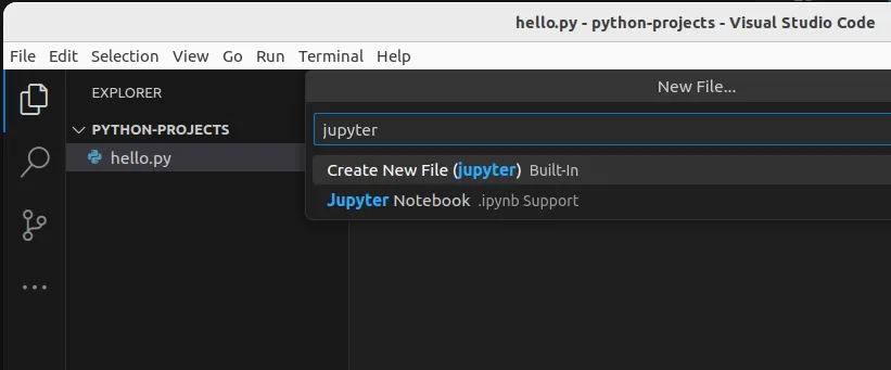 Fig 2. -- Creating a new file. The text jupyter has been typed in and we see an option to create a new Jupyter Notebook.