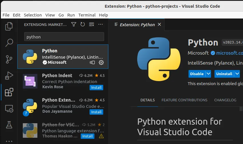 Fig 2. -- VSCode extensions icon has been selected, and python has been typed into the search bar. The found Python extension from Microsoft has been selected, and it has been installed.