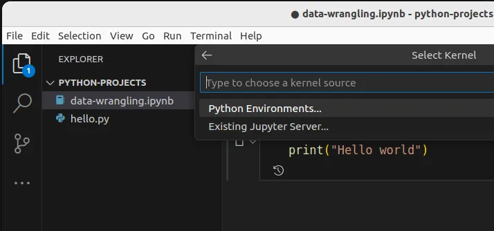 Fig 4. -- When running the notebook (or a cell in the notebook), Jupyter asks for a kernel to use. A kernel is the program that we use to run the code (in our case, Python).