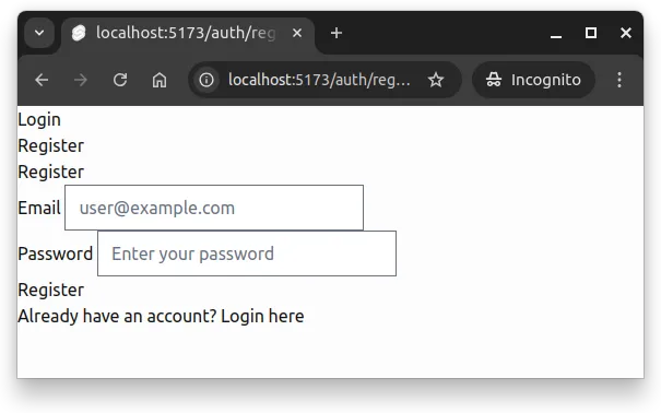 Fig 1. The registration page has no styles at the start.