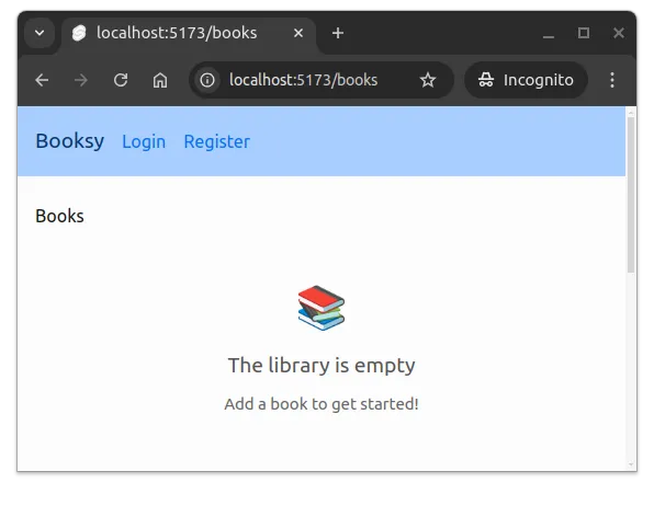 Fig 6. When there are no books in the database, the user sees a message indicating the the library is empty.