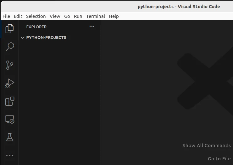 Fig 1. -- VSCode has been opened. In VSCode, the File Explorer icon has been selected, and the explorer shows an empty folder called 'PYTHON-PROJECTS'.