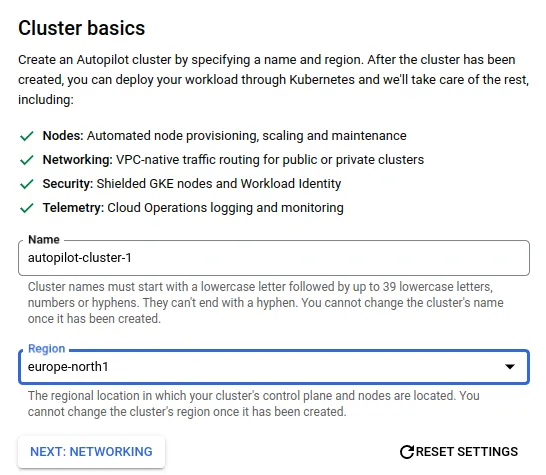 Fig. 3 - Cluster creation wizard, cluster basics.